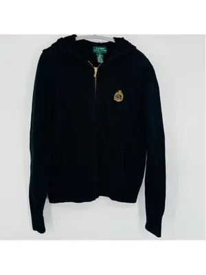 Vintage Lauren Ralph Lauren Black Knit Full Zip Hooded Sweater, Size M thumbnail 3
