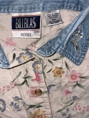 bill blass Floral Button-Down Shirt with Denim Collar - White, Blue, Pink thumbnail 2