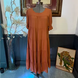 Bohme Bohemian Danae Tiered Camel Brown Midi Dress Sz Small 🍄 thumbnail 3