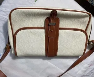 Vintage Style Ivory & Brown Faux Leather Crossbody Shoulder Bag Preowned thumbnail 1