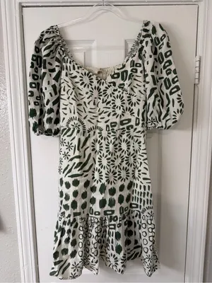 ADL‎ 100% Linen Mini Dress Geometric Pattern Green and Off White Size Medium thumbnail 1