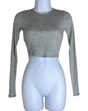 Skin Andreea Ali 0 XS Crop Top Gray Organic‎ Pima Cotton Ribbed Long Sleeve NWT thumbnail 1