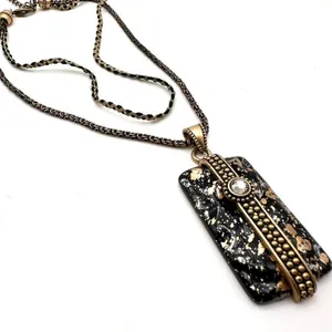 Chico’s multi-strand gold & black marbled‎ pendant statement necklace layered thumbnail 1