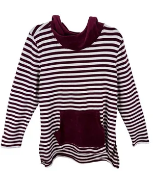 Denim‎ & Co Burgundy Cream Striped Cowl Hooded Knit Velour Pullover Top Medium thumbnail 1