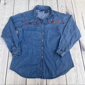 Solutions Denim Christmas Holiday Denim Button Up Shirt Embroidered‎ Small Ugly thumbnail 4