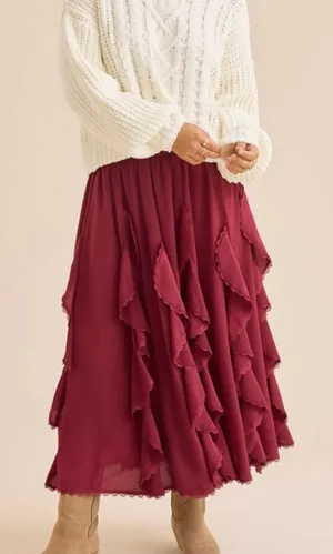 NEW Altar’d State Burgundy Red Ruffle Maxi Skirt Size Large NWT thumbnail 1