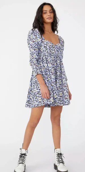 Free People Bessie Blue Babydoll Corduroy‎ Long sleeve Mini Dress NWT Sz M thumbnail 1