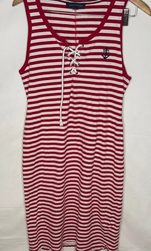 Vintage Tommy Hilfiger nautical striped sailor sleeveless maxi dress sz M thumbnail 1