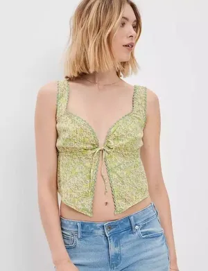 NWT American Eagle Tie Front Green Floral Tank size Medium thumbnail 1