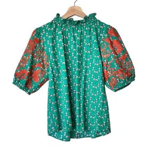 THML Verde S Mock Neck Embroidered floral Puff Sleeve Green blouse thumbnail 1