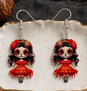 Boutique New Day of the Dead Sugar Skull Doll Acrylic Dangle Earrings thumbnail 1