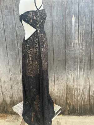 EUC Papaya Elegant Intricate Black Floral Lace Strapless Maxi Dress Size Large thumbnail 7