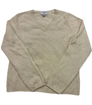 Charter Club Cashmere Sweater V-Neck Cable Knit Beige Long Sleeve Petite Small thumbnail 1