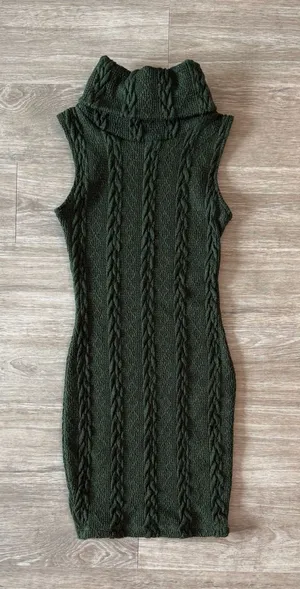 Windsor Sleeveless Cable Knit Turtleneck Dress in Dark Green, Size XS thumbnail 1