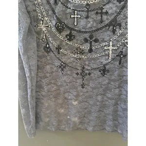 Vanity Y2k Womens Grey Lace Long Sleeve Mesh Cross‎ Chain Print Top Sm Grunge thumbnail 6