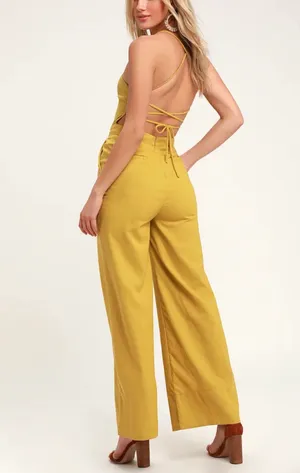 Lulu's Mustard Yellow Spaghetti-Strap Wide-Leg Jumpsuit thumbnail 3