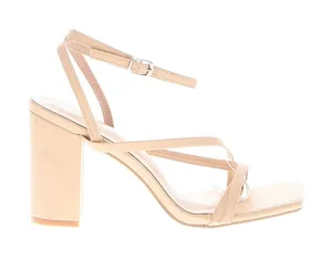 Nude Beige Strappy Block Heel Sandals Square Toe Ankle Strap Minimalist Heels thumbnail 1