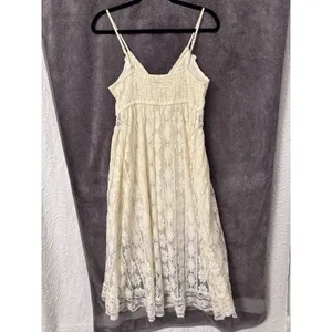 Cream Bohemian Dress Boho Floral Lace Crochet Pom Pom High Low Neutral Resort thumbnail 6