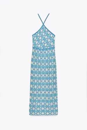 Zara Blue Patterned Crochet Halter Maxi Dress Bohemian Summer Casual thumbnail 9