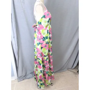 NWT Rubienn Maxi Dress L Pink Lime Green Floral Low Back Tiered Lace Trim Resort thumbnail 3