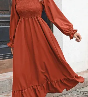 New Autumn Smocked Square Neck Flared Dress | Boho Bell Sleeve Ruffle Hem Midi L thumbnail 1