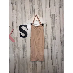 Nude Bodycon Midi Dress XS Halter Strap Fitted Stretch Cocktail Club thumbnail 3
