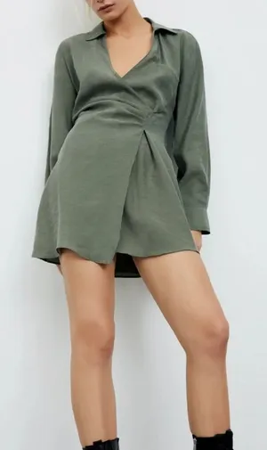 Zara Long Sleeve Tunic Wrap Style Mini Dress Collard V Neck Button M Sage Green thumbnail 1