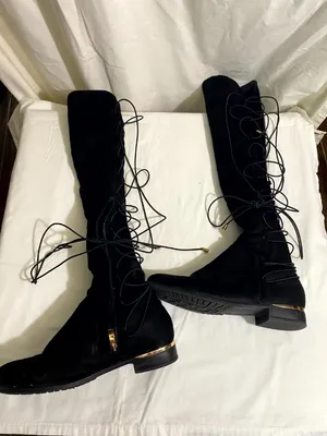 Women’s Black Over The Knee Lace Up Boots Size 9 Faux Suede Gold Accent Low Heel thumbnail 4