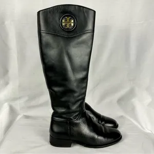 Tory Burch Ashlynn Black Boots Sz 7 Leather Riding Boots New Soles Authentic thumbnail 2