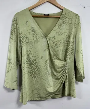 Womans Tribal Wrap Blouse L/L Green V Neck 3/4 Sleeve Button Detail thumbnail 1