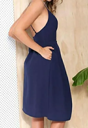 Elia Cher NEW Blue Spaguetti Strap Sexy Open Back Pocket Dress Size L thumbnail 3