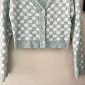 Aster Checkered Knit Cropped Cardigan Sweater Blue Size L thumbnail 3