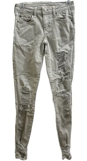 NWOT American Eagle Ripped & Distressed Super Stretch Jeans Gray/Beige Size 2 XS thumbnail 1