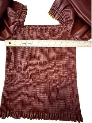 Ever After Faux Leather Smocked Puff Sleeve Top Burgundy Women’s M thumbnail 7