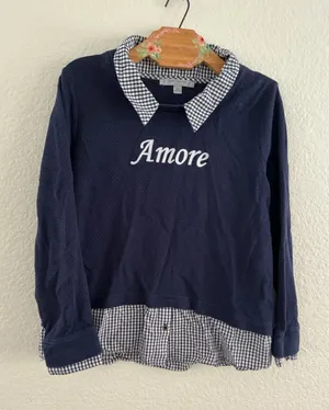 Marc New York Top Size L Navy Waffle Knit Gingham Layered Amore Embroidery thumbnail 1