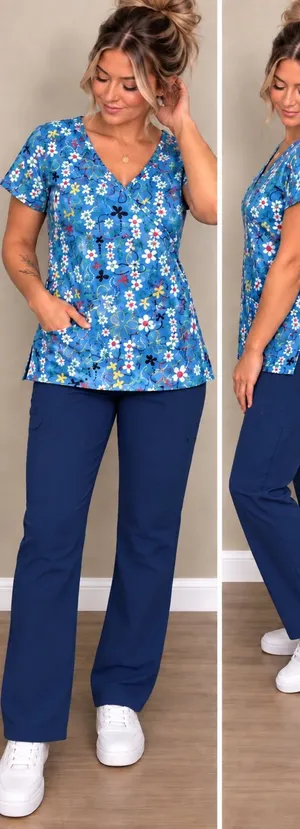 SB Scrubs Floral Butterfly Scrub Top Size L Blue V-Neck Pocket thumbnail 1