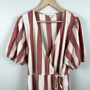 Knox Rose Wrap Dress L Maxi V-Neck Striped Cream‎ Brick Tiered Short Puff Sleeve thumbnail 5