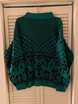 Vintage Lauren Acrylic Green Teal and Black Print Mockneck Sweater thumbnail 4