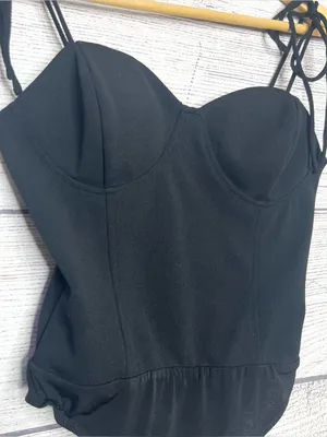 Lulu's Black Bustier Structured Cup Sweetheart Shoulder Tie Bodysuit Size Medium thumbnail 2