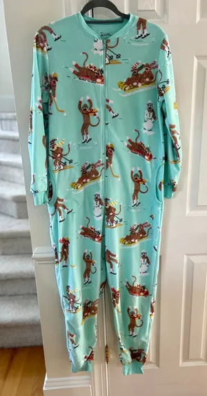 Nick & Nora Mint Green Fleece Sock Monkey Winter Sled Snowman One Piece Pajama thumbnail 1