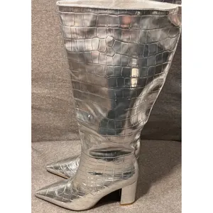 Womens Silver Crocodile Embossed Knee High Boots Pointed Toe‎ Block Heel thumbnail 5