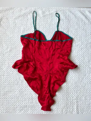 VTG 100% Silk Teddy Romper Bodysuit Lingerie M Red Coquette Button Down Pinup thumbnail 9