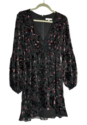 Wayf Black Crushed Velvet Floral Print V Neck‎ Long Sleeve Mini Dress Small thumbnail 1