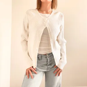 Vintage White Ribbed Cardigan Sweater Size L thumbnail 3