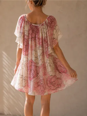 BCBGMaxAzria Boho Blush Pink Floral Mesh Cottagecore Flutter Sleeve Dress thumbnail 9