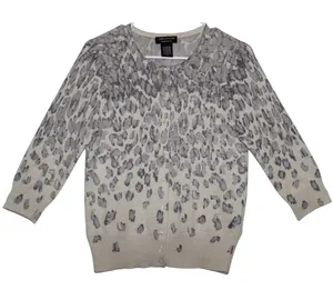 Women's Lord & Taylor Gray Silver Cream Cashmere Cheetah Cardigan Sweater Size M thumbnail 1