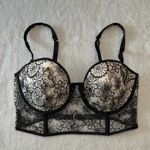 Victoria’s Secret Lightly Lined Balconet Beige Black Floral Lace 34DD thumbnail 1