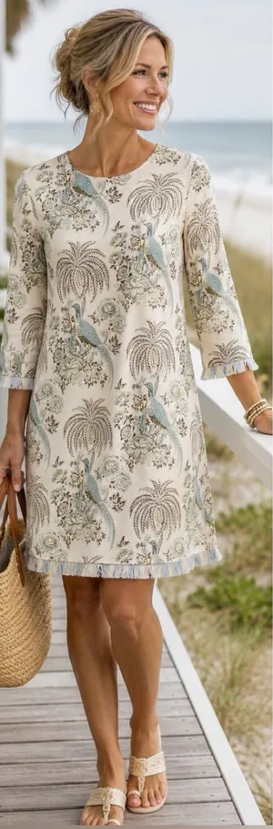☀️Spartina 449 Jane Peacock Palm Island Fringe Dress Peruvian Cotton Sz S🧡 thumbnail 1