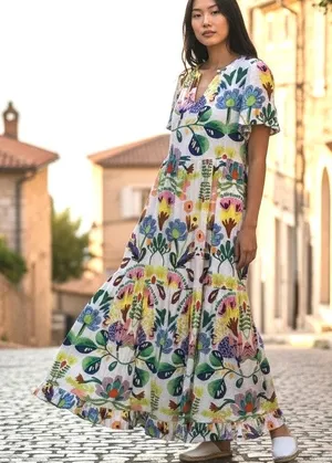 Hayden Los Angeles Maxi Dress Watercolor Floral Lined 1XL Tiered Tassel Boho thumbnail 1