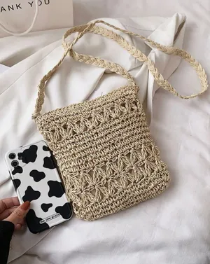 Tassel And Bead Straw Bag Tan thumbnail 2
